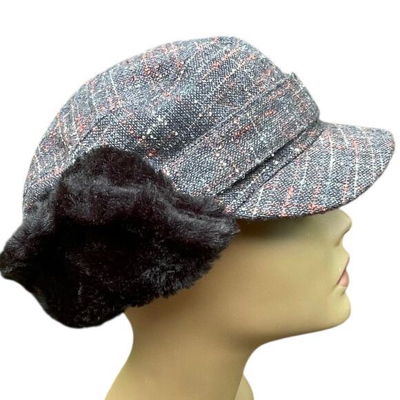 Nobis Plaid Tweed Faux Fur Ear Flaps Trapper Hat Cap Gray Red Winter Warm NWT
